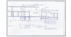  Developing the interior arrangement. The main idea was to open the connection between the upper and lower saloon to create a large antrum effect. This drawing illustrates the early development of verifying the many different details of the interior design.
